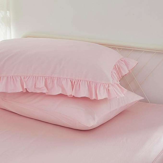 Brandream Kid's Duvet Cover Twin/Twin XL Size,100% Organic Cotton 2pcs Girl Bedding Duvet Cover Set, Ruffled Fringe Solid Color Breathable Soft with Zipper Closure & Corner Ties(Pink)