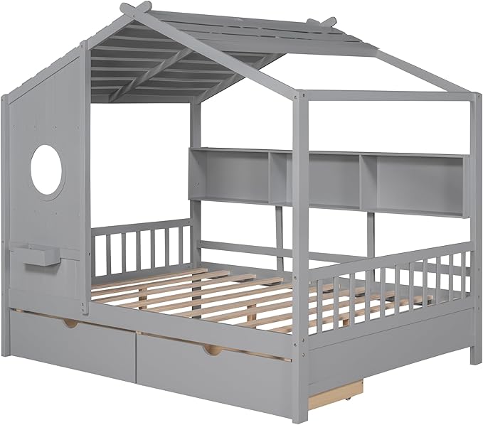 Harper & Bright Designs Full Size Modern House Bed with Roof, Wooden Twin Size House Bed with 2 Drawers and Storage Shelf, White