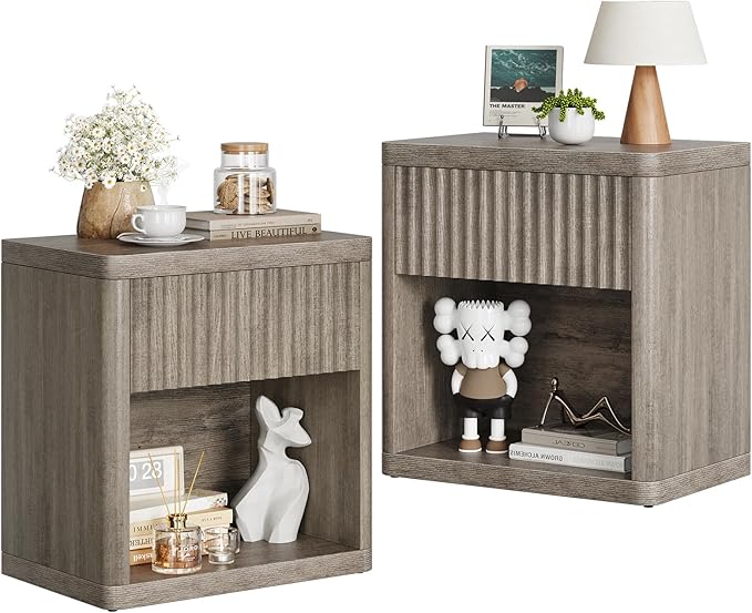 Night Stand Set of 2, Fluted Nightstand with Drawers, Wood Bedside Table with Storage, Bed Side Table Modern Nightstands Wide Night Stands, Sofa End Tables Side Tables for Bedroom Living Room