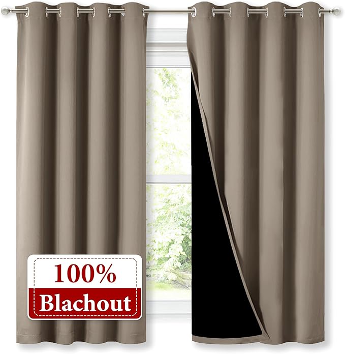 NICETOWN 100% Blackout Curtains with Black Liners, Thermal Insulated Full Blackout 2-Layer Lined Drapes, Energy Efficiency Window Draperies for Bedroom (Taupe, 2 Panels, 52-inch W by 63-inch L)