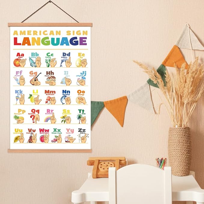 KAIRNE American Sign Language Poster With Wood Magnetic Hanger Framed(35CMx56CM),ASL Alphabet Wall art Teaching Aid alphabet Chart for Kids Playroom Classroom Decor