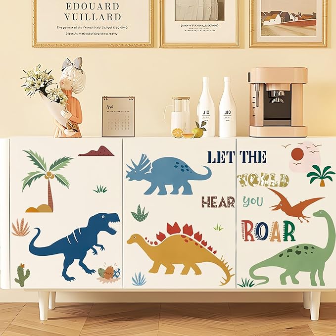 Boho Dinosaur Wall Decals with Palm Trees - Peel and Stick Dinosaur Wall Decor for Boys Room, Kids Bedroom, Playroom