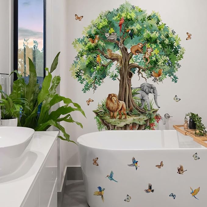 Suspended Tree Wall Decals Jungle Safari Animals Wall Decal Stickers for Kids Bedroom Playroom Nursary Classroom 51.57x48.03 inches