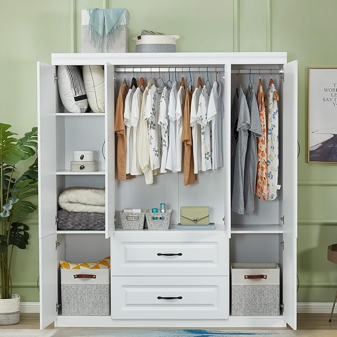 4 Door Armoire Wardrobe Closet, Wood 2 Drawers Armoire Storage Cabinet for Large Capacity, White Bedroom Armoires for Clothes with Hanging Rod and 5 Storage