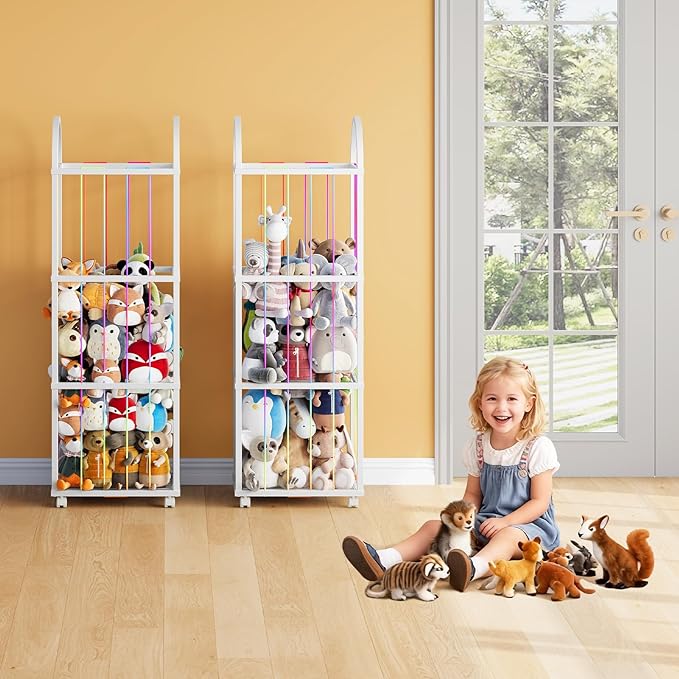HOOBRO Stuffed Animal Storage & Organizer, Thicken PVC Stuffed Animal Holder with Wheels and Elastic Band, Zoo Plush Toy Storage Organizer for Nursery, Playroom, Living Room, White WT128CW01