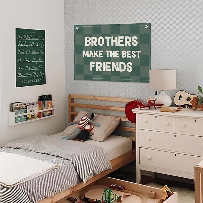Brothers Make The Best Friends Banner, Boys Room Decor, Toddler Boy Linen Banner Wall Hanging Flag Decor for Nursery 20x30 - Checked Green