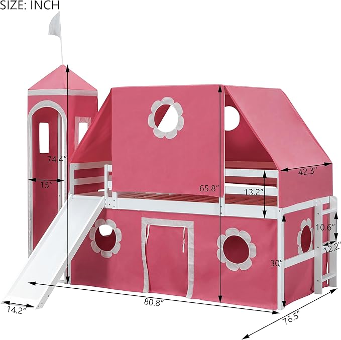 Twin Size Low Loft Bed House Bed with Slide & Tent and Tower, Playhouse Design Solid Wood Tent Bed Frame for Kids Boys Girls, Versatile Spacious Under Bed Space with Curtains (Pink-FT)
