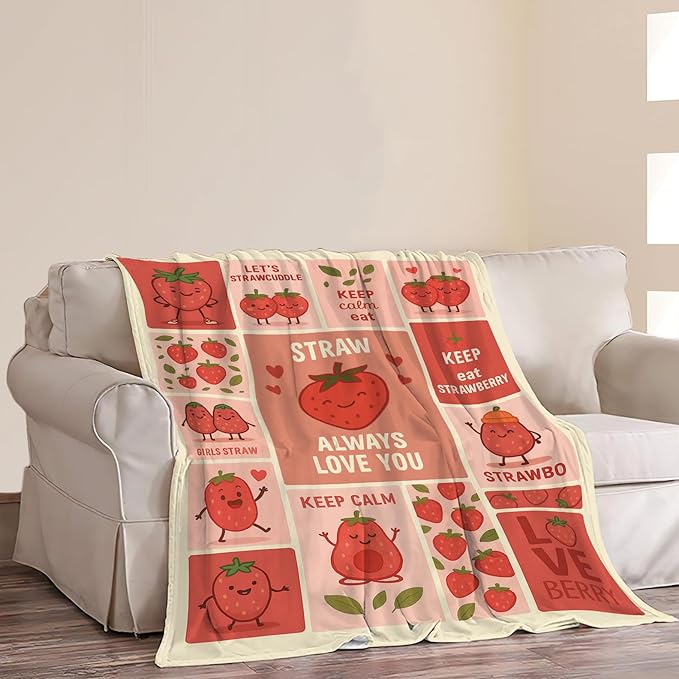 Cute Strawberry Blanket Funny Cartoon Berry Fruit Throw Blanket Soft Cozy Fleece Fuzzy Plush Warm Stuff Bedding Nursery Toddler Baby Blankets Gifts for Boys Girls Kids Adult Men Women 40"X50"