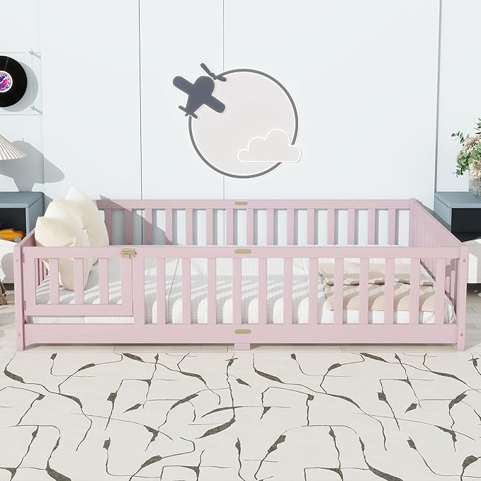 Full Size Floor Bed for Kids, Wood Montessori Floor Beds with Fence Railings, Door & Slats Support, Full Playhouse Bed Frame for Boys Girls, No Box Spring Needed, Pink
