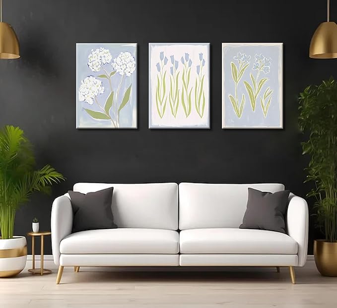 3Pcs Blue Green Tulip Hydrangea Flower Canvas Wall Art Flowers Plant Aesthetics Painting Picture Decor Elegant Preppy Poster Print Artwork for Living Room Gallery Bedroom Dorm Home Decoration