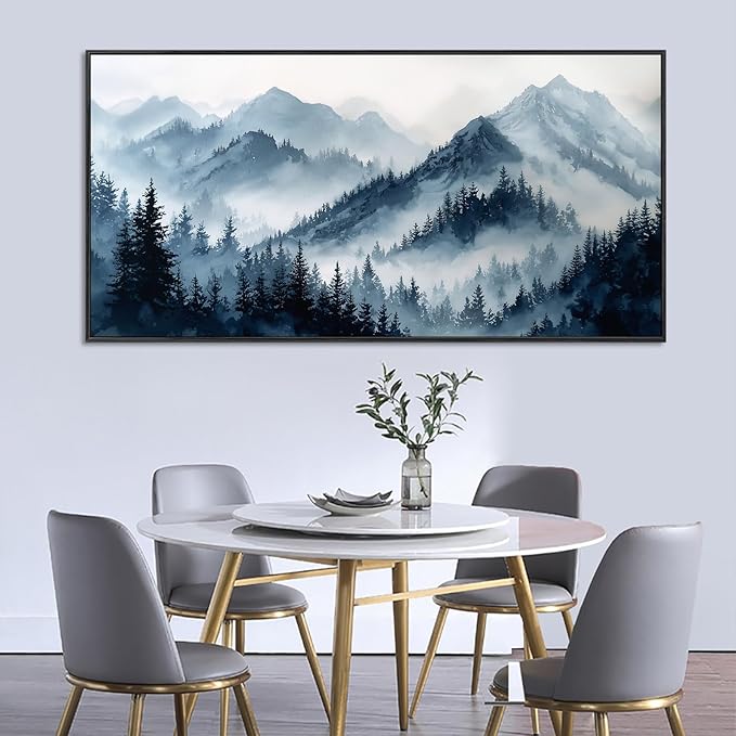 Large Framed Blue Gray Misty Forest Wall Art for Living Room, Watercolor Landscape Nature Canvas Print Paintings Artwork for Walls, Modern Foggy Mountains & Pine Forest Pictures for Home Decor 16"x30"