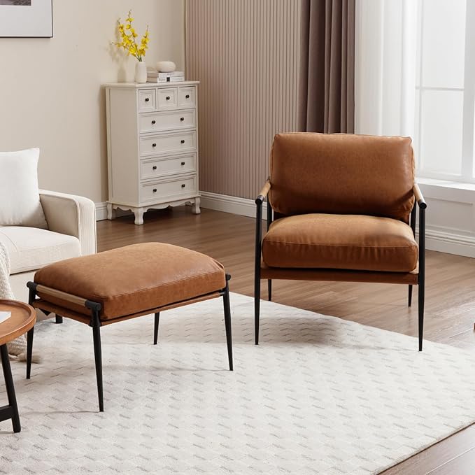 DUOMAY Mid Century Modern Accent Chair with Ottoman Set, PU Brown Upholstered Living Room Chair with Metal Legs Lazy Lounge Chair Set with Footrest for Bedroom Living Room