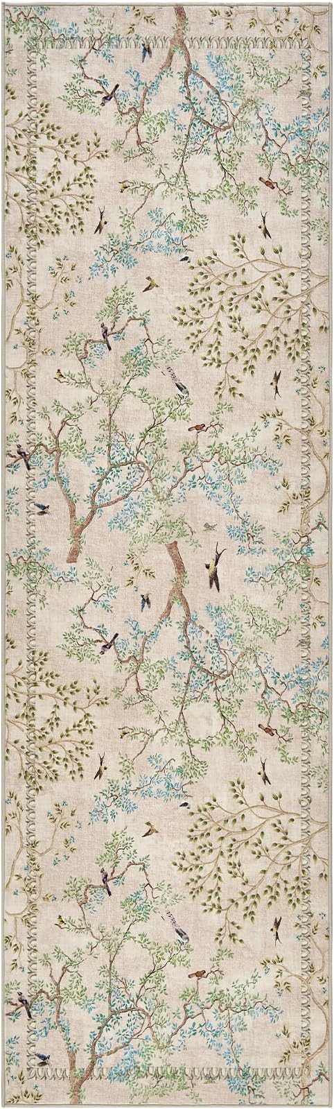 jinchan Yarden Beige Botanical Birds 3x10 Runner Rug for Hallway Washable Non Slip Soft Nature Plants Modern Runner Carpet Vintage Ultra Thin Low Pile Rug for Entryway Living Room Laundry