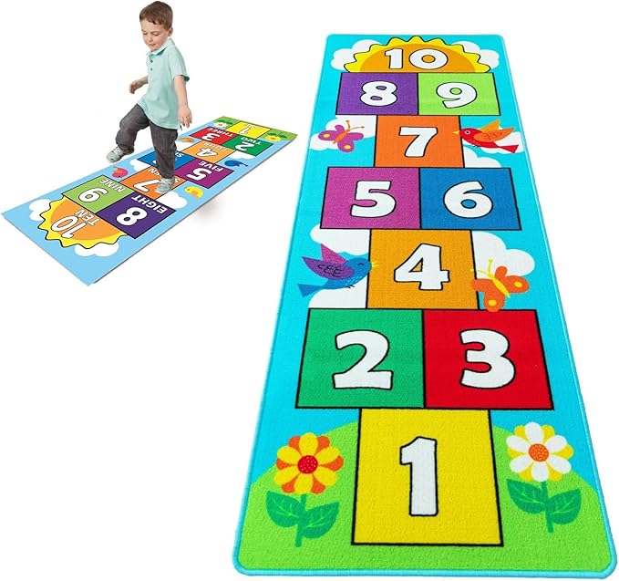 Hop & Count Hopscotch Rug for Kids, Floor Play Area Rug Game Carpet Crawl Jump Mat, Skid-Proof Backing, Great Gift for Boys Girls, Room Decor, Classic Hopscotch Rug for Preschool Playroom