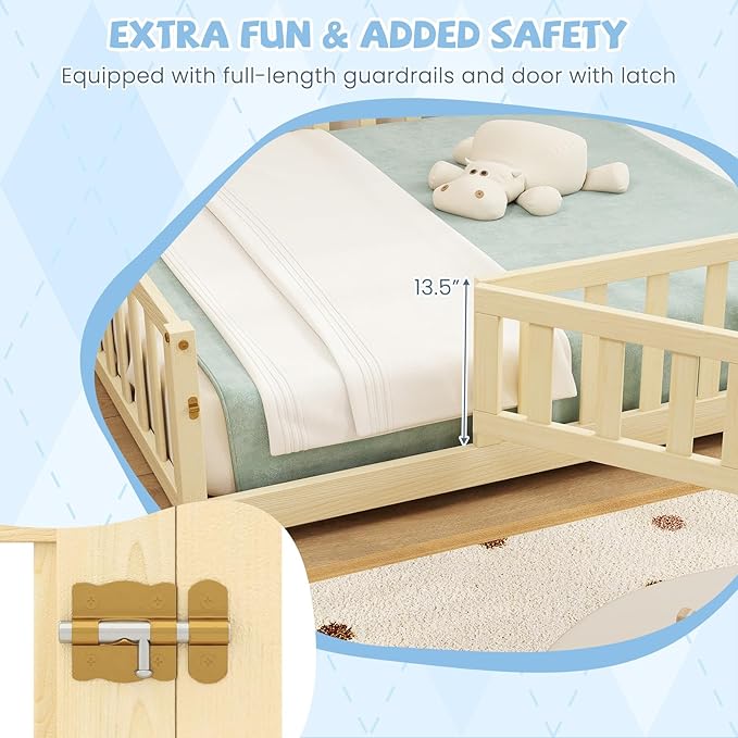 Giantex Full Floor Bed with Fence for Kids, Montessori Bed Frame with Door and Safety Guardrails, Solid Wood Floor BedsFull with Slats Support for Kids Boys Girls, Natural