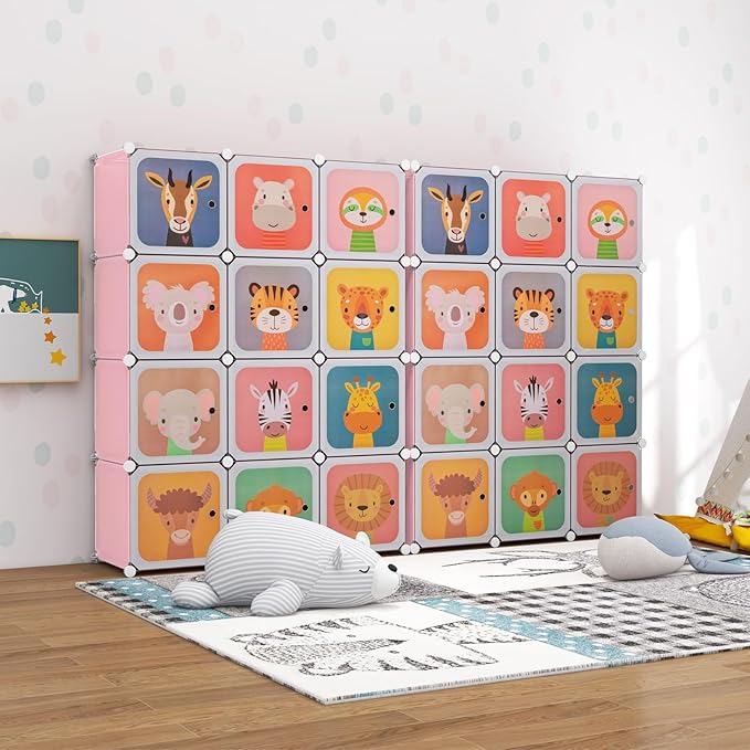 HONEY JOY Kids Wardrobe Closet, Baby Cartoon Clothes Storage Organizer, 12 Cubes & 2 Hanging Sections, Portable Children DIY Modular Bedroom Armoire Dresser Cabinet for Boys Girls (Pink)