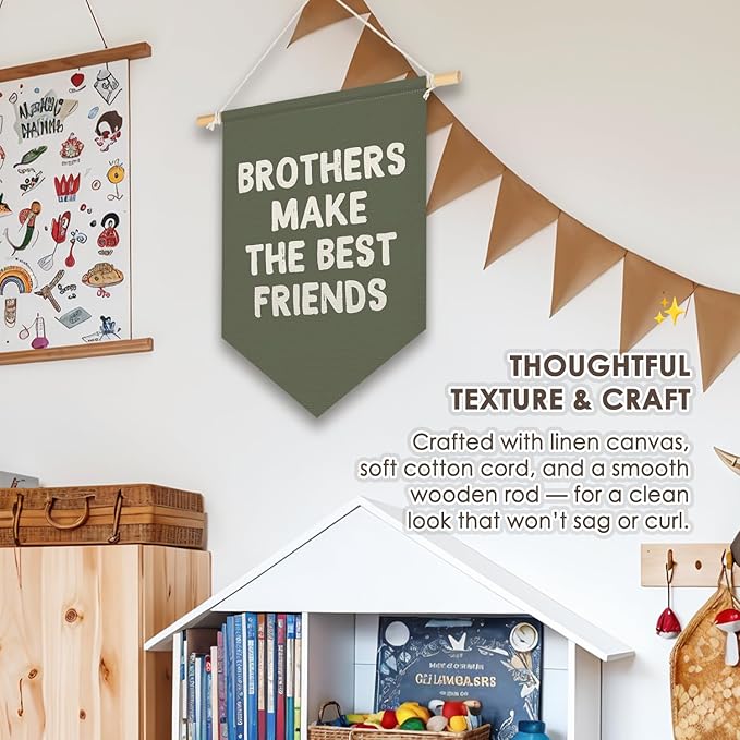 Wheatwin Boys Room Decor, Brothers Make the Best Friends Wall Hanging Pennant Flag Banner, Sage Green Wall Decor for Nursery Toddler Baby Little Boys Bedroom Playroom 15x11 Inch