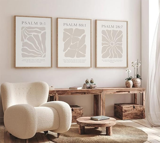 Joocrise Scripture Christian Wall Art Set of 3 Beige Bible Verses Wall Decor Neutral Psalm Canvas Wall Art Modern Pictures Flower Prints Christian Artwork for Living Room Bedroom 24x36 Inch Unframed
