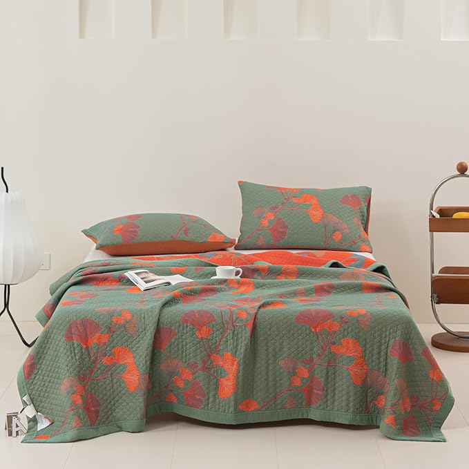 100% Cotton Muslin Blanket Jacquard Green Orange Floral Ginkgo Leaves Quilt, Soft Bed Cover Lightweight Breathable Gauzy Reversible Bedspread Coverlet King(98"x94"), No Pillow Sham