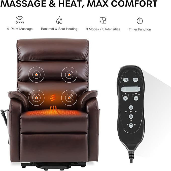 DYNOX 300 LBS Power Lift Recliner Chair for Elderly, Small Size Dual Motor Lay Flat Infinite Positions Recliner with Heat, Massage & USB Charging Port (9188S,Faux Leather,Brown)