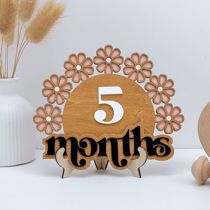 Wooden Baby Monthly Milestone Set, Floral Newborn Age Tracker with Numbers and Months Weeks Signs, Layered Wood Photo Prop for Baby Monthly Picture
