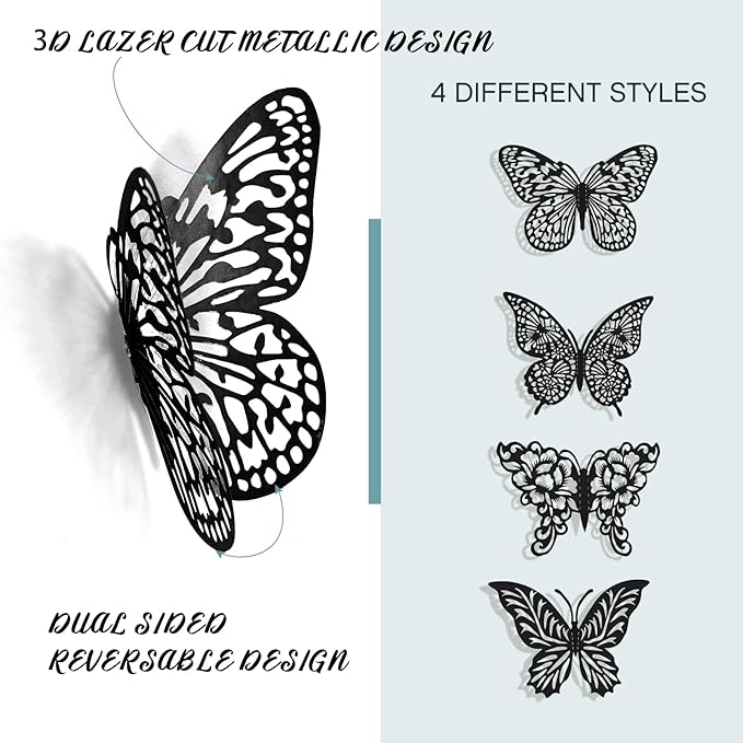 3D Gold Butterfly Wall Decor 3 Sizes 4 Styles Butterfly Party Decorations Cake Decorations Removable Stickers Wall Halloween Decor Room Mural Metallic Kids (Black, 96Pcs)