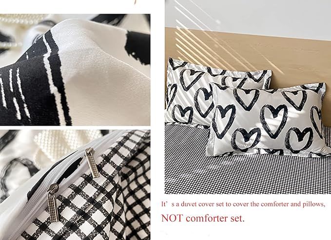 Houseri Love Duvet Cover Twin Heart Shaped Bedding Sets White and Black Duvet Cover for Toddlers Boys Girls Love Heart Bedding Duvet Covers Twin Size