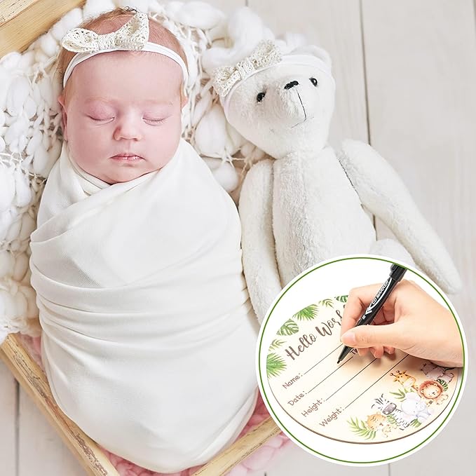 R HORSE Baby Birth Announcement Sign with Marker Pen, Safari Animals Baby Name Sign with Ink Pad for Hand and Footprints, Wooden Hello World Newborn Announcement Nursery Decor Keepsake Gifts