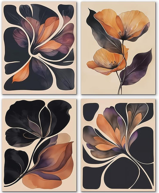 JINYO Vintage Boho Orange and Black Abstract Floral Wall Art Prints Set of 4, Dark Cottagecore Decor, Mid Century Modern Flower Wall Decor Posters Pictures for Home Bedroom Living Room, 8x10 Unframed