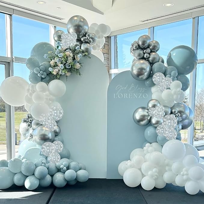 Blue Winter Wonderland Balloons, 60 PCS 12 Inch Dusty Light Baby Blue White and Silver Balloon Snowflake Balloons for Boy Baby Shower Winter Christmas Holiday Birthday Party Decorations
