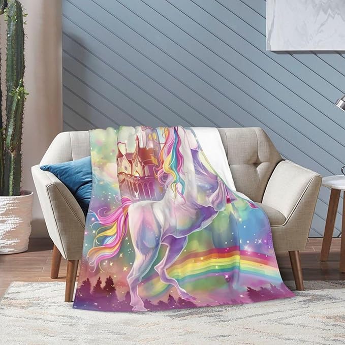 Unicorn Blanket Castle Rainbow Throw Blanket Pink Flannel Stuff Merch Cozy Decor Fleece Soft Plush Fuzzy Warm Lightweight Bedding Unicorn Lover Gifts for Kids Women Girl Boy Couch 60"X50"