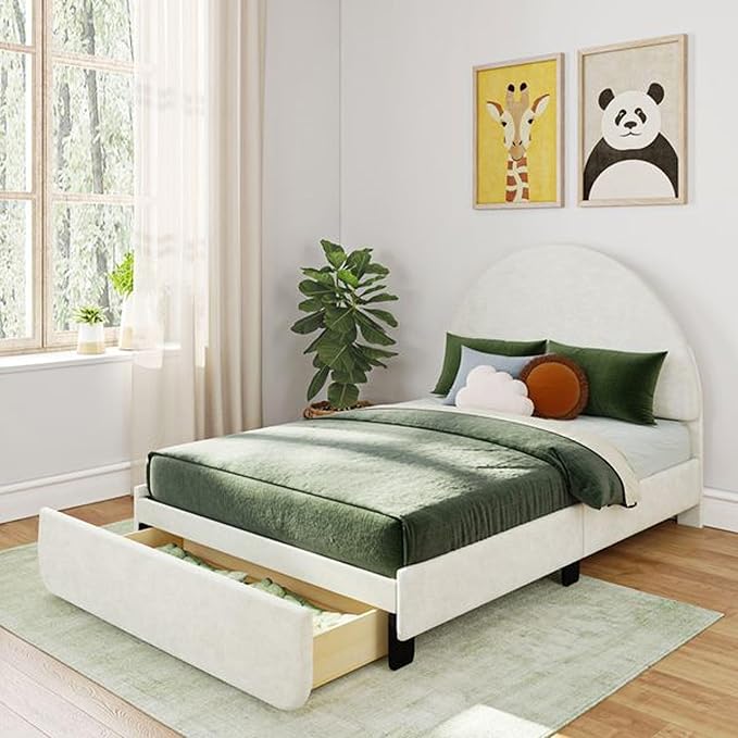 Max & Lily Upholstered Full Bed Frame with Arch Headboard with 1 Drawer End Storage, Upholstered Platform Bed for Kids, No Box Spring Needed, Easy Assembly, Cream