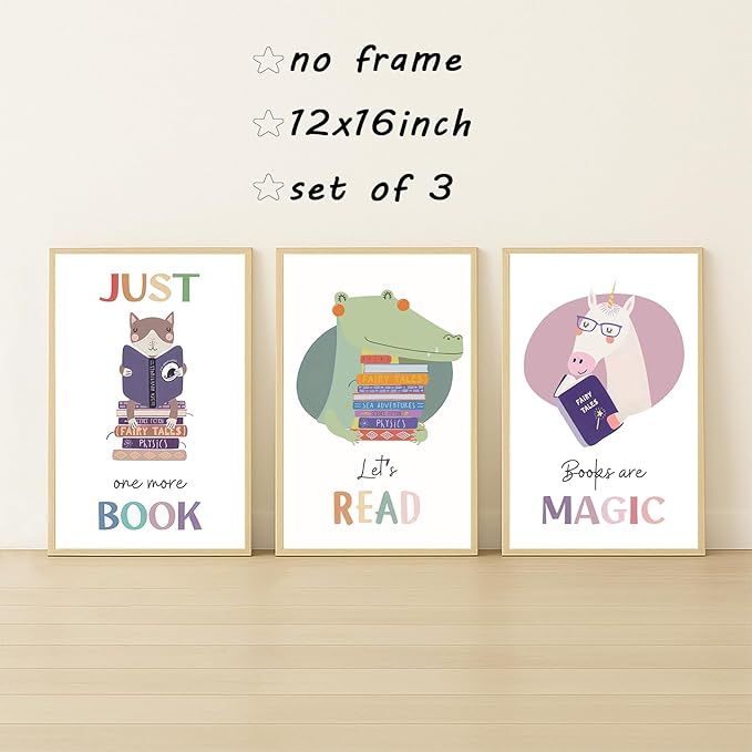 3Pcs Kids Reading Wall Art Children’s Educational Wall Decor Nursery Classroom Painting Cute Animal read Pictures Reading Corner Prints for Children’s Library Kids Room 12x16 Unframed Posters