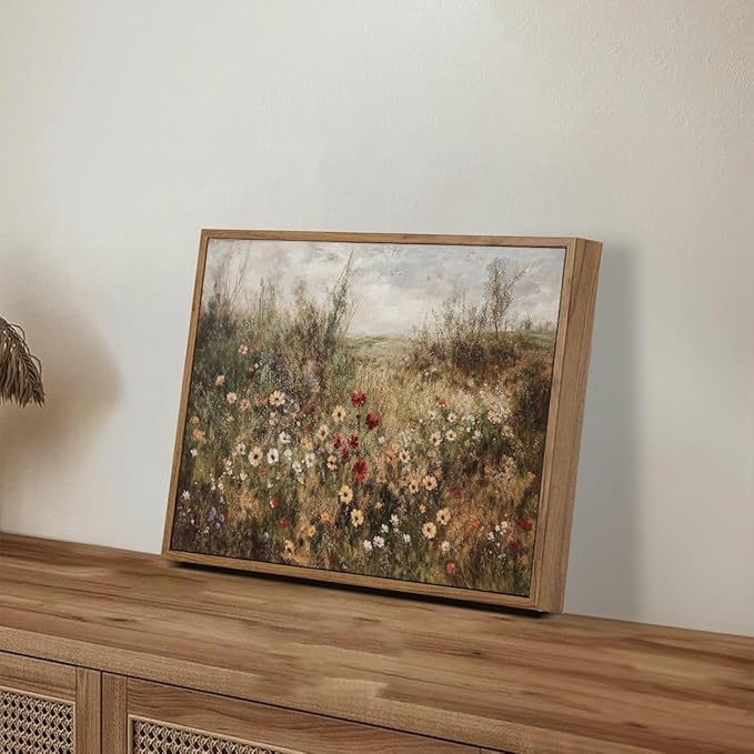 OIQArtOIQ Vintage Wildflowers Landscape Wall Art Framed Floral Natural Scenery Oil Painting Canvas Prints Country Farmhouse Fall Decor Pictures Kitchen Bedroom Living Room Bathroom