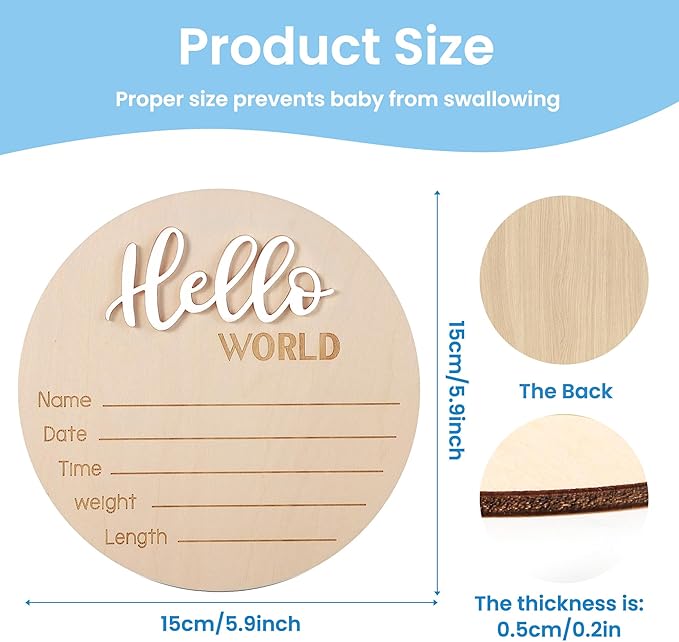 Baby Announcement Sign with Pen, 5.9 Inch Wooden Hello World Newborn Sign for Hospital, 3D Birth Announcement Board, Welcome Baby Name Signs for Nursery, Newborn Gift for Boy & Girl, White