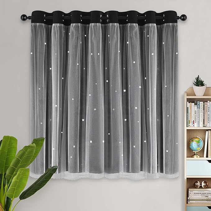 Kinryb Kids Blackout Curtains for Bedroom/Living Room/Classroom, Sheer Overlay Small 2 Panel Set, Double Layer Curtains with Star Cutout for Kids Room(W 52 x L 45 Inches,Black 2 Pcs)