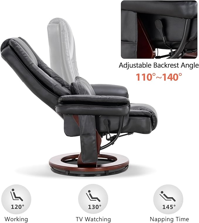 MCombo Swivel Recliner with Ottoman Chair, TV Chair Sets with Vibration Massage, for Small Space Living Room Bedroom 9096 9099 (Textile, Black)