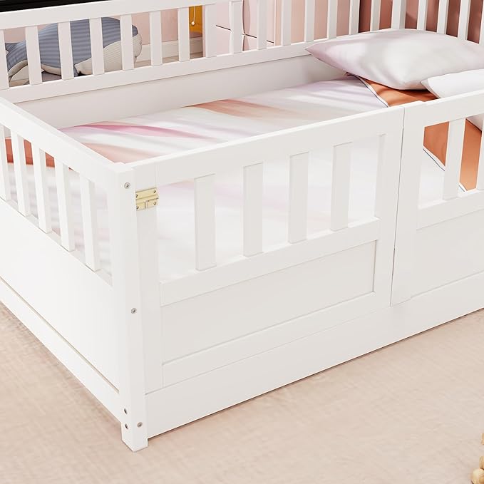 Ball & Cast Full Size Montessori Floor Bed with Baffle Design & Open Door,Toddler Floor Bed Frame W/Fence and High Guardrails,Wooden Playhosue Bed for Girls and Boys,No Box Spring Needed,White