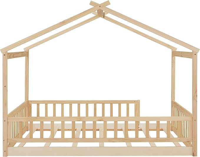 Merax Full Size Wooden House Bed with Fence, Wood Bed Frame with Roof and Safety Guardrail for Kids, Teens, Boys or Girls, Natural