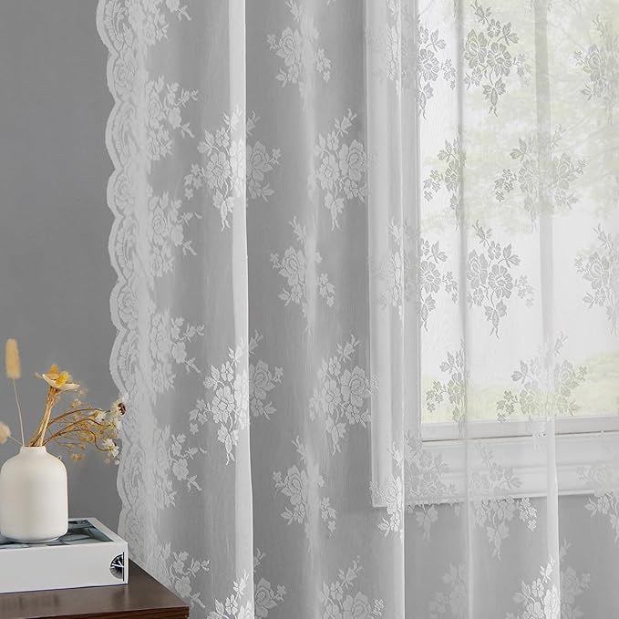 Kotile White Lace Curtains for Bedroom, W52 x L94 Inch, 2 Panels Country Rustic Floral Vintage Lace Curtains 94 Inch Length Rod Pocket Light Filtering Privacy Cottagecore Sheer Window Curtain