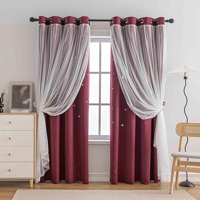 Anytime Romantic Kids Curtain,Hollow-Out Stars Window Curtain Double Layer Blackout Curtains for Girls Bedroom Kids Room 2Panel,(W52 x L63,Wine Red)