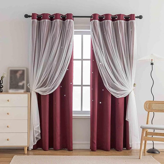 Anytime Romantic Kids Curtain,Hollow-Out Stars Window Curtain Double Layer Blackout Curtains for Girls Bedroom Kids Room 2Panel,(W52 x L72,Wine Red)