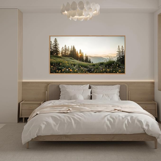 FWIEXA Green Forest Mountain Framed Canvas Wall Art Set, Wildflower Meadow Wall Decor, Floral Pictures Artwork, Nature Sunset Landscape Art Prints for Living Room, Bedroom, Office - Size 20"x40"