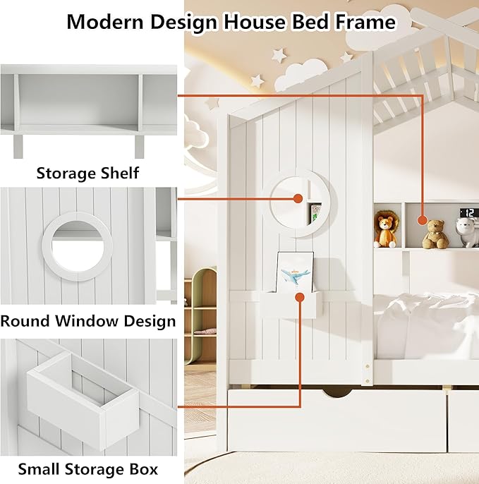 Aoowow Full Size House Bed with Storage Shelves and Drawers, Wood Platform Kids House Bed with Window and Roof for Bedroom, Full Playhouse Bed Frames for Boys Girls, Can be Decorated, White