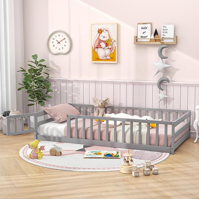 Giantex Twin Floor Bed with Door & Fence, Kids Wood Montessori Beds with Safety Guardrails, Floor Bed Frame for Kids, Boys, Girls, No Box Spring Needed, Floor Bed Twin (Grey)