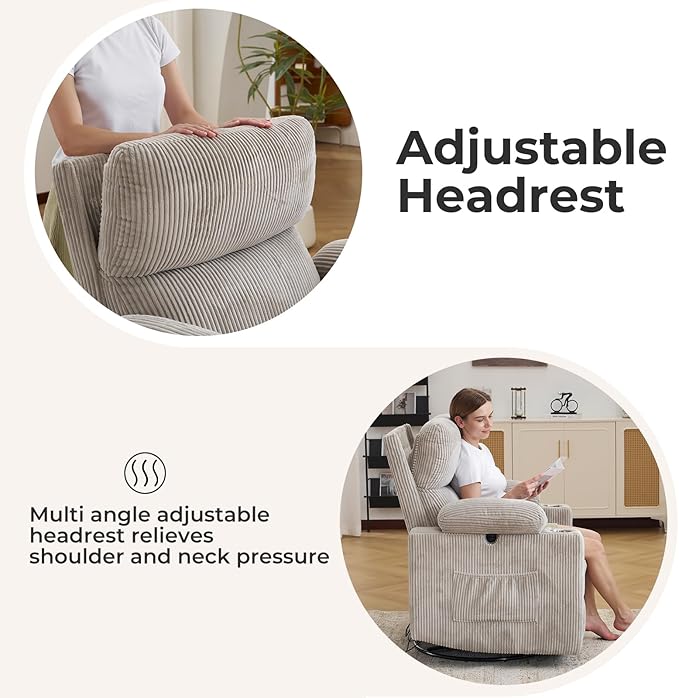 Oversized Power Recliner Chair Swivel Glider with Massage and Heat, Swivel Rocker Recliner with Adjustable Armrests, 26" Wide Nursery Chair with Storage Ottoman, Rocker Nursery Recliner,Corduroy Grey