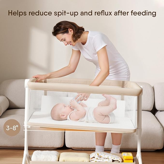 Bassinet Bedside Sleeper - All-Mesh Design, Portable Bedside Bassinet for Baby with Washable Mattress, 5 Adjustable Heights（Beige）