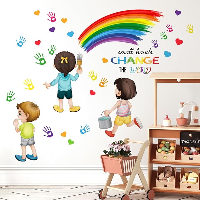 Inspirational Quote Small Hands Change The World Wall Decals Rainbow Handprints Wall Stickers for School Classroom Kids Room Nursery Playroom Library Wall Decor
