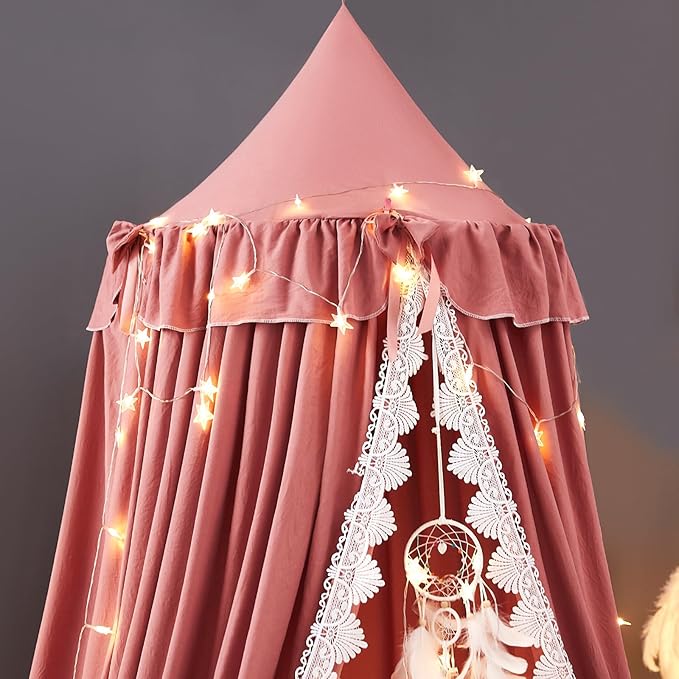 Kertnic Bed Canopy for Girls, Ruffled Soft Pink Princess Canopy Dreamy Bow Decor, Bed Canopies for Kids Room, Hanging Canopy Bedding Drapes Toddler Reading Nook Play Tent (Red Bean)