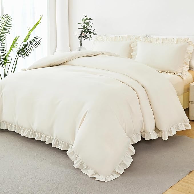 3 Pieces Beige Comforter Duvet Cover Full Boho Vintage Ruffled Duvet Cover Set Microfiber Soft Kids Bedding Set for Girls All Seasons(Beige, Full)